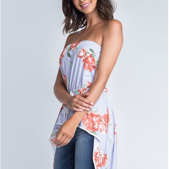 Tops - Floral Hi-Lo Strapless Waist Tie Top